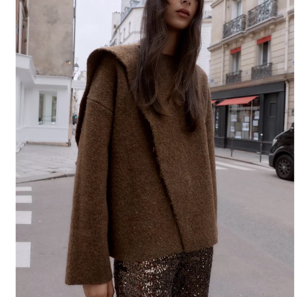 NWT Zara Women’s Wrap Brown Sweater Cardigan Scarf Jacket Size Small 9598 - Picture 4 of 6
